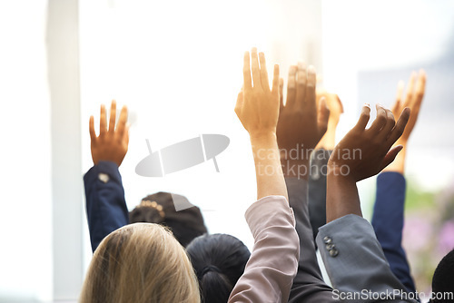 Image of Questions, business hands and group of people for information, conference and corporate meeting. Hand in air, support and vote or career coaching of professional women, men or audience in workshop