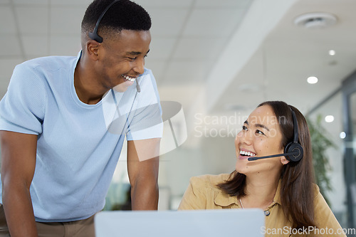 Image of Call center, help and customer service agents in discussion on crm communication in the office. Contact us, headset and telemarketing consultants working on online consultation together in workplace.