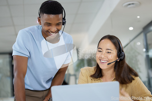 Image of Telemarketing, customer support and manager helping an agent with crm communication in the office. Contact us, headset and call center consultants working on online consultation together in workplace