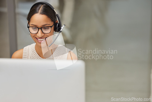 Image of Business woman, call center and pc web support communication at a computer in a office. Phone conversation, smile and worker with contact us, crm and customer service job in a consulting agency