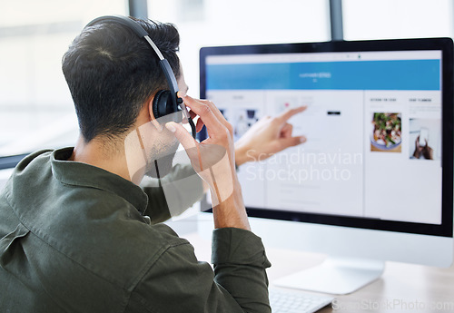 Image of Call center, Customer support and man telemarketing consultant working on a computer screen for advice in SEO. Help, agency and worker consulting in a online fast food company, service or app