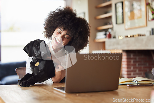 Image of Home, dog and woman with a laptop, smile and bonding with connection, playing and love in the lounge. Female person, pet and girl with a pc, technology and social media with love, happy and animal