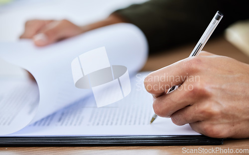 Image of Signature, writing and hands with a contract for recruitment, onboarding or business. Planning, investment and a person legal paperwork, application agreement and signing a plan at a desk for work