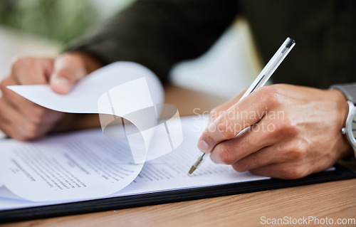 Image of Documents, writing and hands with a contract for recruitment, onboarding or business. Planning, investment and a person with signature for legal paperwork, agreement and signing a plan at a desk