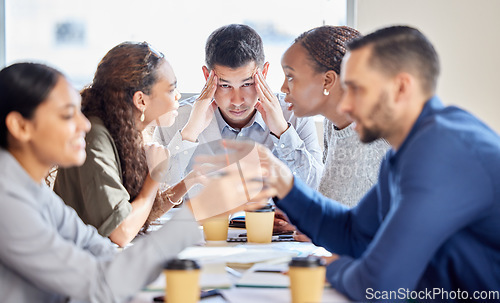 Image of Group, headache and business man with stress, meeting and conversation for brainstorming, overworked and burnout. Male person, employee and staff with chaos, manager with a migraine and frustrated