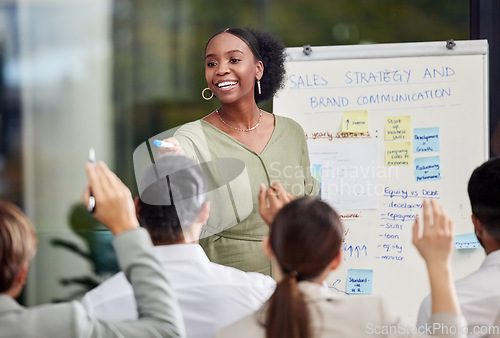 Image of Hands, questions and black woman with presentation in business meeting for sale, strategy or idea. Training, coaching and female speaker with people audience for communication, solution or answer