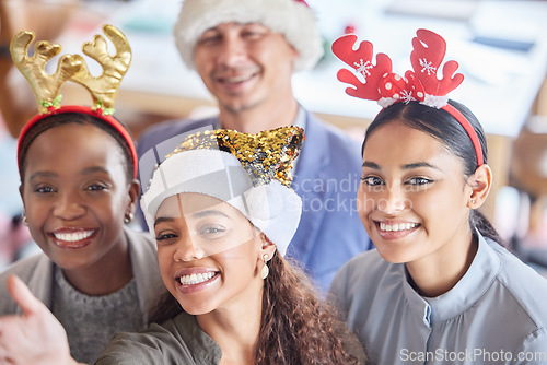 Image of Christmas, selfie and portrait with business people in office for social media, celebration and xmas. Festive, holiday and community with friends at party for team building, diversity and support