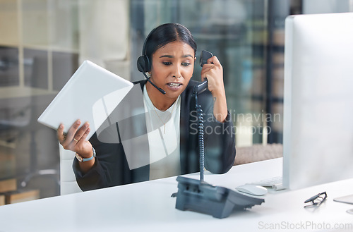 Image of Stress, telephone and phone call with business woman in office for negotiation, frustrated and deadline. Anxiety, mental health and angry with customer service agent for problem, pressure and crm