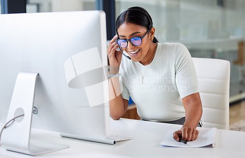 Image of Happy woman, headset or call center customer service consultant talking on online consultation in office. Girl virtual assistant, contact us or telemarketing agent with microphone for communication