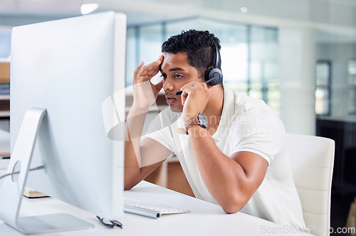 Image of Stress, mistake and call center agent working on a crm online consultation in the office. Contact us, fail and upset male customer service or telemarketing consultant with a headset and computer.