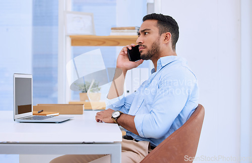 Image of Phone call, entrepreneur and businessman talking to a contact, networking and mobile communication in an office. Corporate, employee and man or professional in conversation using a smartphone