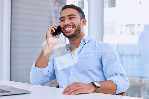 Image of Business man, phone call and networking in the office with smile from corporate consultation. Auditor, male employee and online consulting of a financial worker talking at a desk with confidence