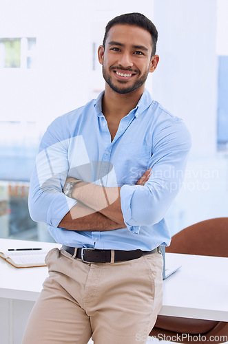 Image of Business man, arms crossed and confident in portrait, success and professional mindset in workplace. Happy male employee at office, career mission and corporate job with empowerment and positivity