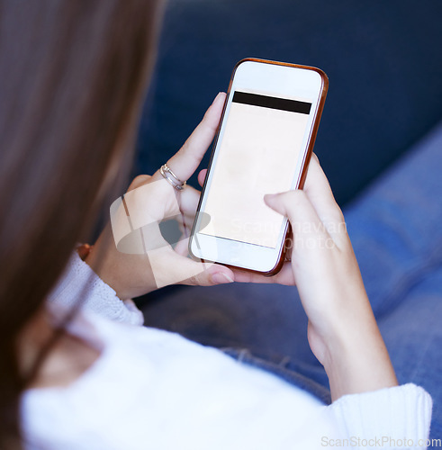 Image of Hands, woman and closeup of phone with mockup space for advertising, marketing or product placement. Technology, communication and female browsing or networking on cellphone with blank screen mock up