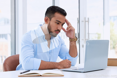 Image of Stress, focus and laptop with business man in office for research, planning and depression. Anxiety, mental health and fatigue with depressed male employee at desk for tired, headache and burnout