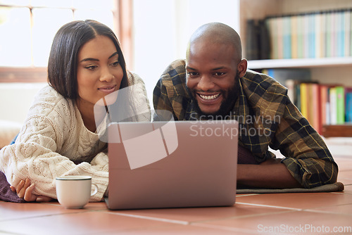 Image of Relax, laptop and watching movie with couple on floor for streaming service, subscription and social media. Internet, technology and film with black man and woman at home for happy, network and date