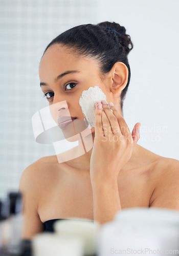 Image of Skincare, mirror and woman with mask in bathroom for face cosmetics, self care and morning routine. Cleaning, beauty and female person with lotion, facial cream and dermatology for aesthetic detox