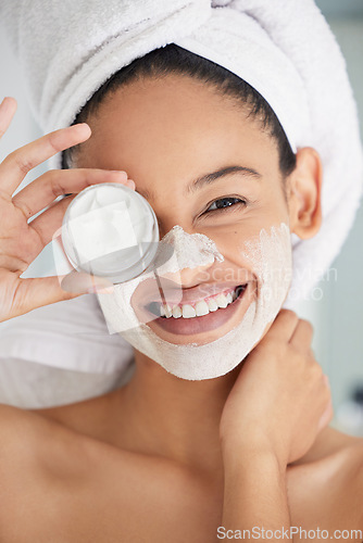 Image of Shower, happy woman and portrait with mask, jar and skincare product in bathroom for aesthetic cosmetics and. Cleaning, beauty and female person with container, face cream and towel for dermatology