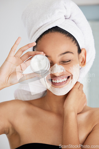 Image of Shower, happy woman and towel with mask, jar and skincare product in bathroom for face, cosmetics and self care. Cleaning, beauty and female person with container, facial cream and detox dermatology