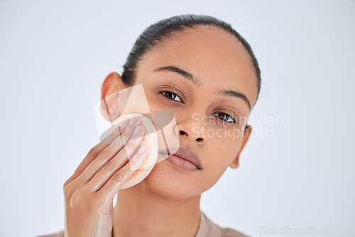 Image of Beauty, face and portrait of woman doing a scrub for skincare, self love and cosmetic care for natural skin. Wellness, cleaning and young female person clean or grooming isolated in white background