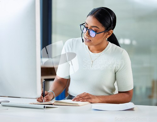 Image of Crm support, woman writing and call center staff in a office with telemarketing information. Worker, computer and document consultant of a phone agent learning about online company process at desk