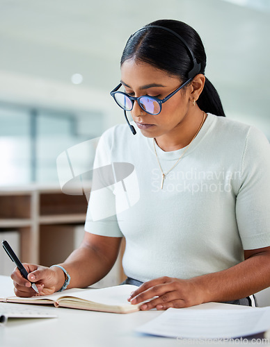 Image of Crm, woman consultant and call center writing in a office with telemarketing information. Female worker, management and document approval of a phone agent learning about company process at desk