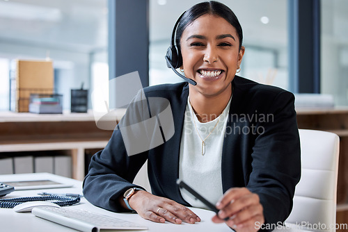 Image of Contact us, call center portrait and business woman with headset and phone consultation. Crm, telemarketing and web support employee with customer service worker and consultant work in agency office