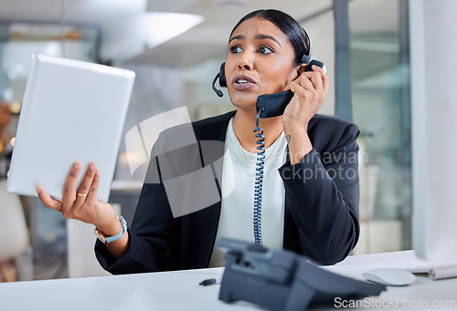 Image of Stress, phone call and frustrated with business woman in office for negotiation, fear and deadline. Anxiety, mental health and angry with customer service agent for problem, pressure and crm