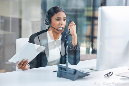 Image of Stress, phone call and receptionist with business woman in office for negotiation, frustrated and deadline. Anxiety, mental health and angry with customer service agent for problem, pressure and crm