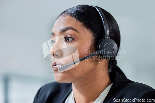 Image of Contact us, call center and business woman face with headset and phone consultation. Crm, telemarketing and web support employee with customer service worker and consultant work in a agency office