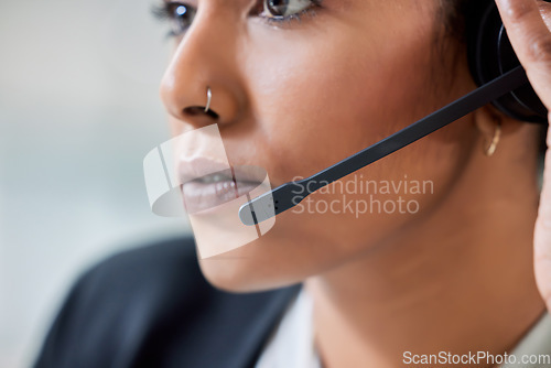 Image of Crm, call center and business woman face with headset and phone consultation. Contact us, telemarketing and web support employee with customer service worker and consultant work in a agency office