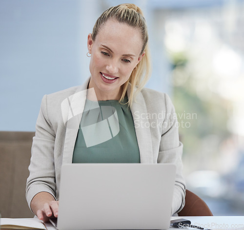 Image of Laptop, working and business woman, receptionist or secretary with online management, email and typing. Professional worker, employee or person at help desk with computer for company planning