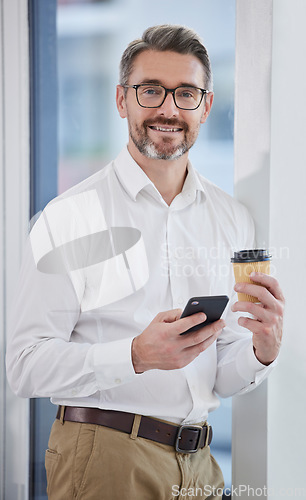 Image of Phone, coffee and portrait of business man in communication, chat and corporate networking or planning. Professional entrepreneur, CEO or senior person on mobile app, internet or connection in office