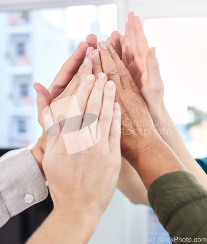 Image of High five, teamwork and business people or group celebration, success and collaboration for goals or target. Support, winning and team work of women and men hands together for coworking or job deal