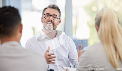 Image of Business meeting, advice and man, accountant or manager b2b planning, client talking or finance consulting. Helping, support or advice of financial advisor, accounting ceo or senior person interview