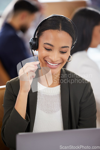 Image of Woman, call center and microphone at laptop for customer service, support and telemarketing. Face of african female agent or consultant talk on headset for sales, crm or help desk for online advice