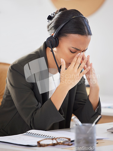 Image of Call center, business and woman with a headache, burnout and customer service with health problem, office and tired. Female person, agent or consultant with a migraine, tech support and telemarketing