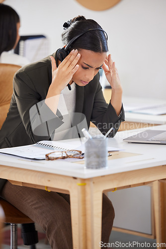 Image of Telemarketing, consultant and woman with a headache, stress and call center with pain, overworked and health issue. Female person, agent or employee with a migraine, tech support and medical problem