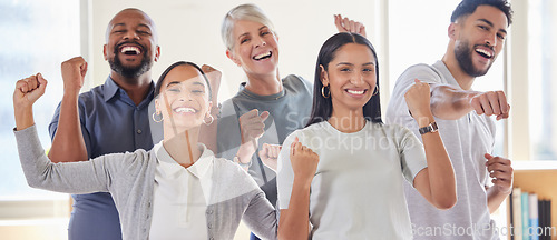 Image of Portrait, success and team celebration of business people for achievement, goals or target. Face, winner group and excited employees celebrate winning, good news or bonus, prize or office promotion.