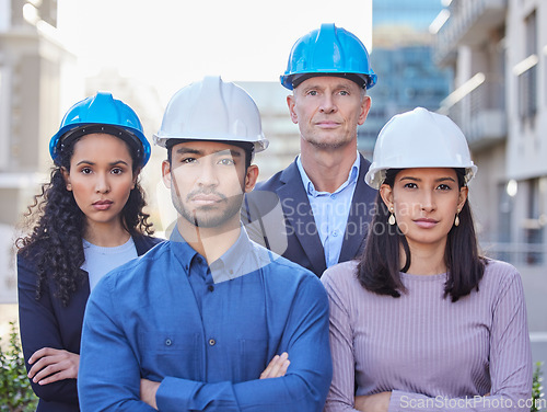 Image of Business people, architect and team in city for construction, leadership or architecture on site. Portrait of confident group of expert engineers with arms crossed in teamwork for building in a town