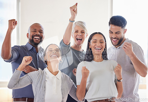 Image of Success, portrait and group celebration of business people for achievement, goals or target. Face, winner team and excited employees celebrate winning together, good news or bonus, prize or promotion