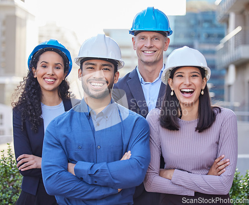 Image of Business people, architect and portrait of team in city for construction, leadership or architecture on site. Happy group of professional engineers with arms crossed in teamwork for building in town