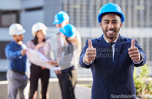 Image of Businessman, portrait and architect with thumbs up in construction for winning, success or teamwork on site. Happy man, engineer or manager with thumb emoji, yes sign or like in architecture approval