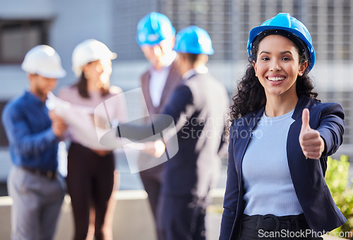 Image of Business woman, portrait and architect with thumbs up in construction for winning, success or teamwork on site. Happy female engineer with thumb emoji, yes sign or like for approval in architecture