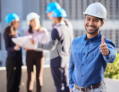 Image of Businessman, portrait and architect with thumbs up for winning, success or teamwork in construction on site. Happy man or engineer smile and thumb emoji, yes sign or like for approval in architecture