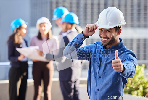 Image of Businessman, architect and thumbs up in construction for winning, success or teamwork on site. Portrait of happy man or engineer smile with thumb emoji, yes sign or like for approval in architecture