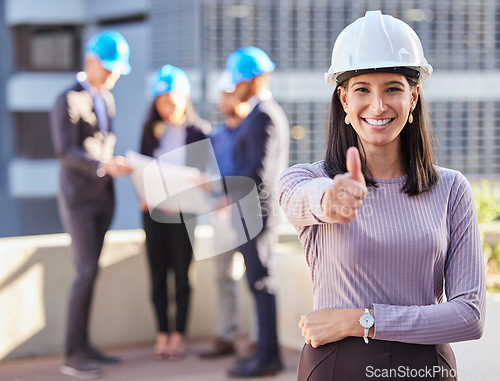 Image of Business woman, architect and thumbs up for construction success, winning or teamwork on site. Portrait of happy female engineer smile with thumb emoji, yes sign or like for approval in architecture