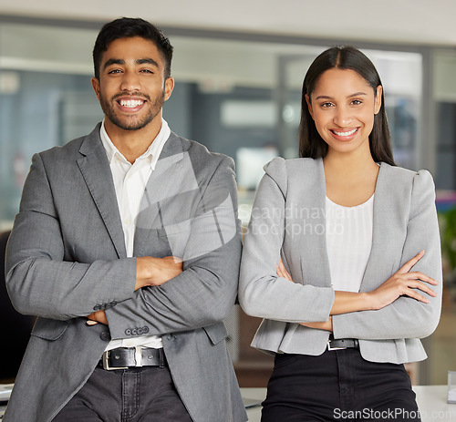 Image of Team, portrait and business people with arms crossed in office for partnership, support and teamwork. Face, leadership and proud man with woman in solidarity, collaboration and startup agency goal