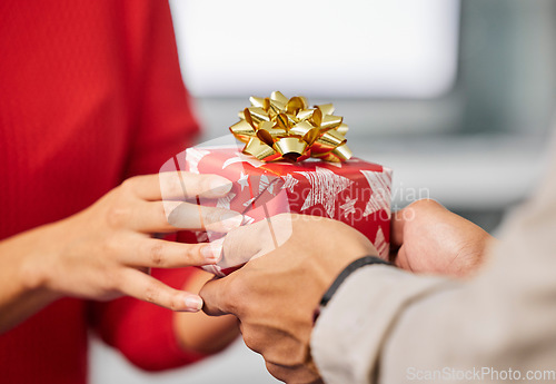 Image of Christmas gift, office and hands of couple of friends and workers with present and box. Holiday, event presents and giving a surprise package to a woman hand with care and love for celebration