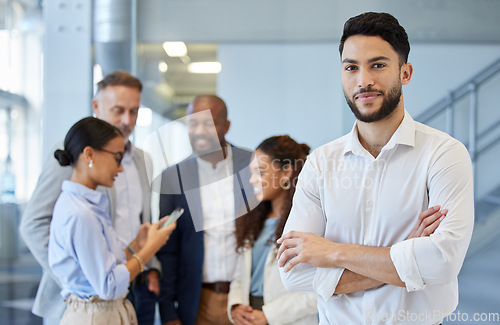 Image of Business man, portrait and office team with teamwork and collaboration feeling success and motivation. Male employee smile, arms crossed and corporate confidence with staff talking at a workplace